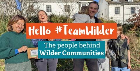 A group of people taking part in the Big Spring Sow with text overlaying them saying 'Hello #TeamWilder - The people behind Wilder Communities'