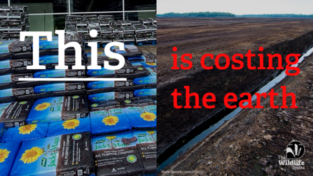 Photo of peat compost and peat extraction with words 'This is costing the earth'