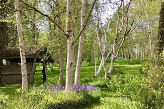 Photo of Stone Lane Gardens in spring, with blooming trees and flowers.