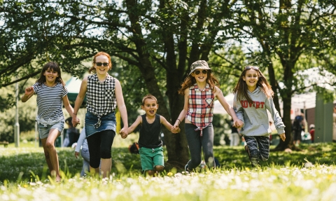 Family holding hands running through a field