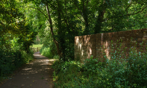 Shaded pathway next to wall and trees at Northbrook Park.