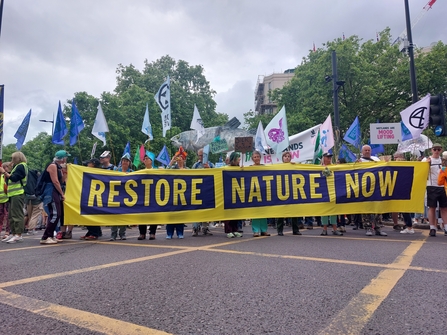 People holding Restore Nature Now banner at front of march