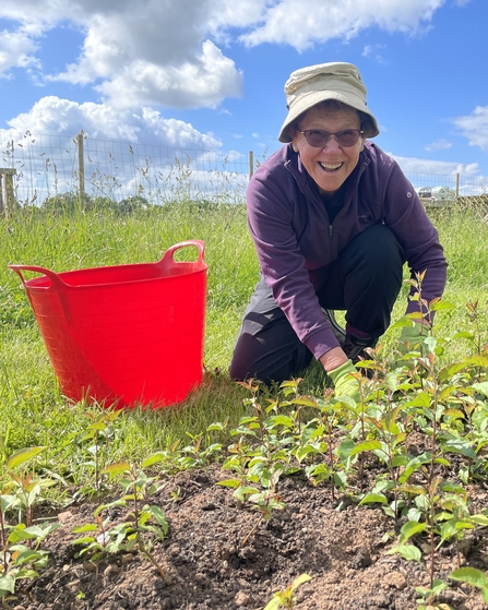 A volunteer working at the tree nursery, smiling at the camera while planting saplings