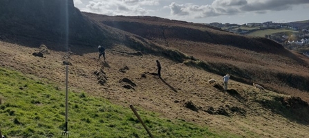 A group of people raking the land on a coastal hill.